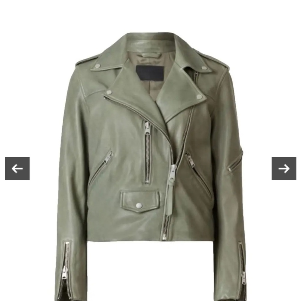 ALL SAINTS Darnley Slim Fit Biker olive/Sage green 100% Lamb Leather Jacket- 6 - Picture 3 of 16
